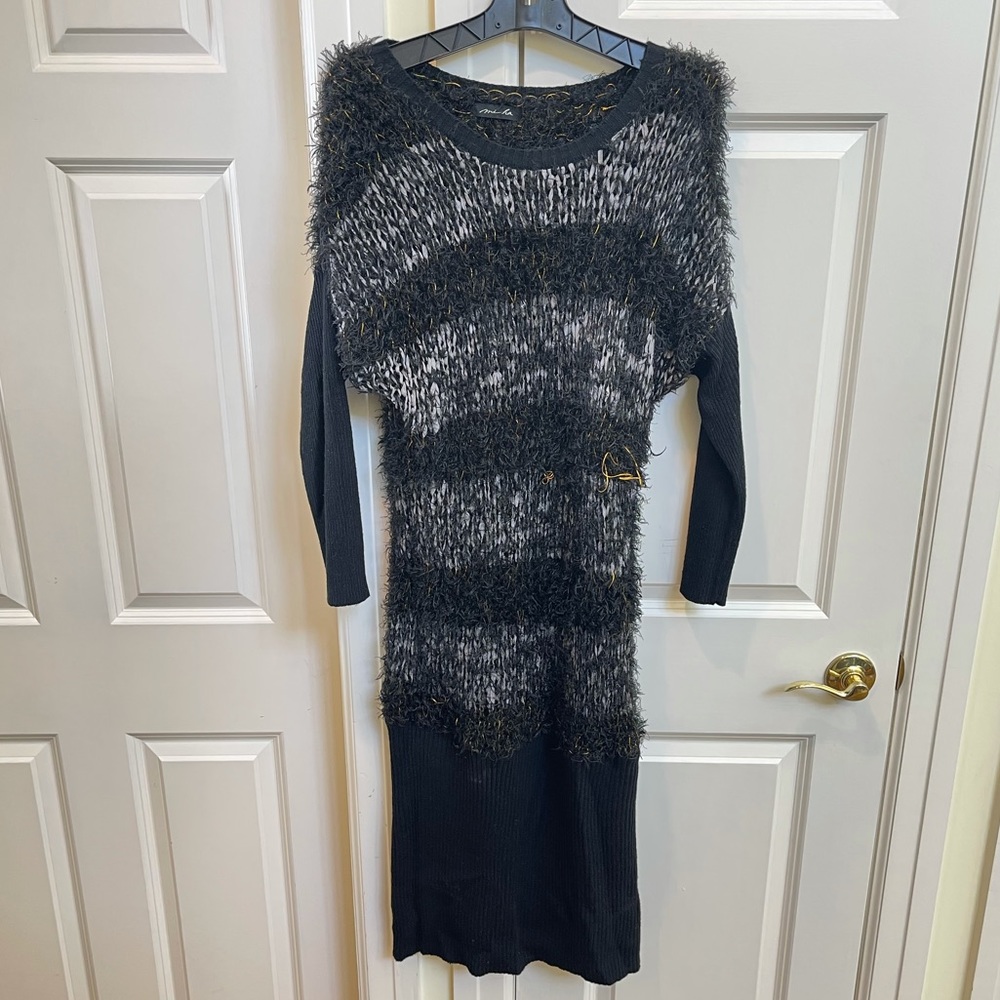 Miha Black Fuzzy Sweater Dress With Gold Accents